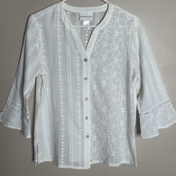 Alfred Dunner White Eyelet Embroidered V-Neck 3/4 Sleeve Blouse, Small-Gorgeous - Picture 1 of 7